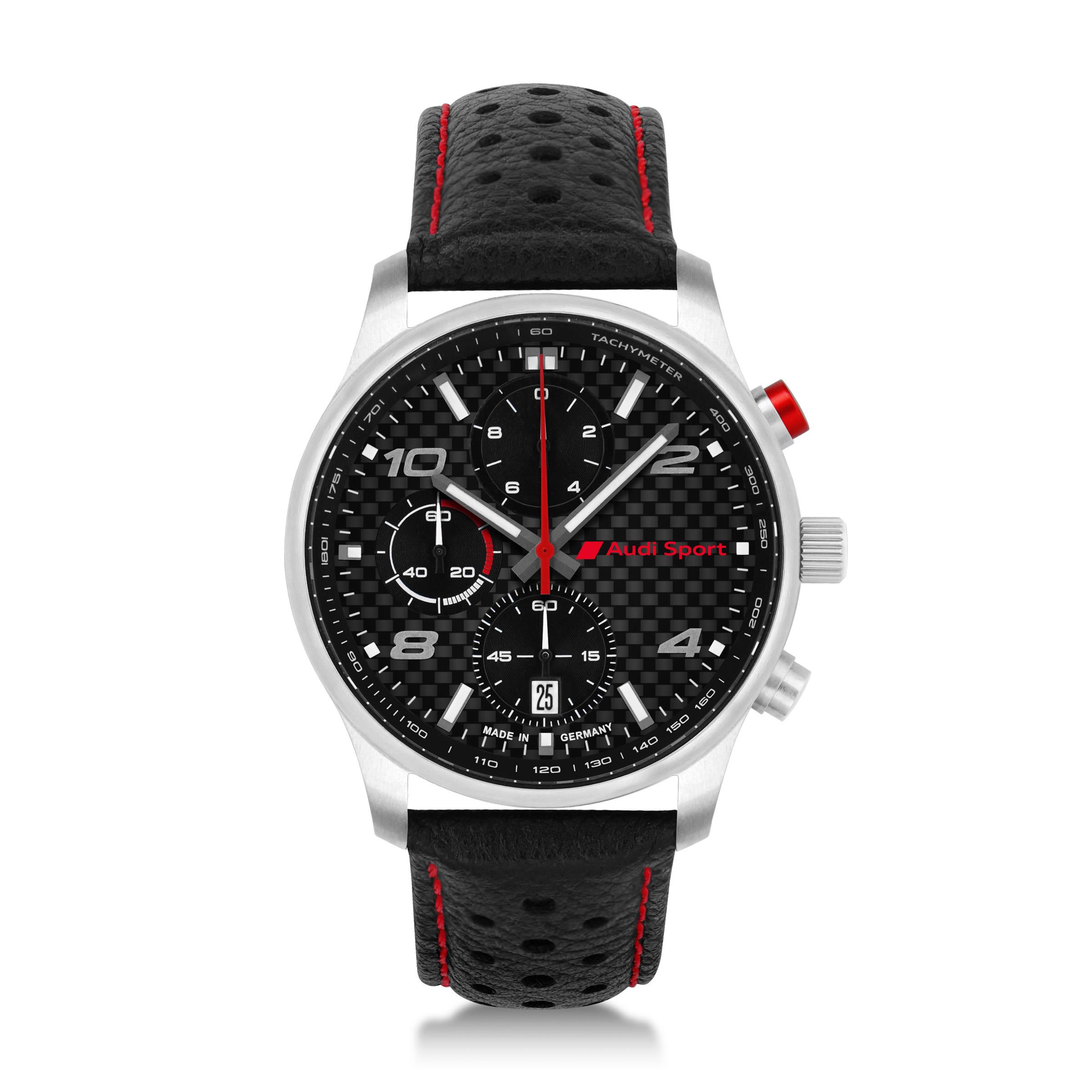 Original Audi Sport Chronograph Carbon Armbanduhr Leder Uhr Herren  schwarz/rot 3102200600