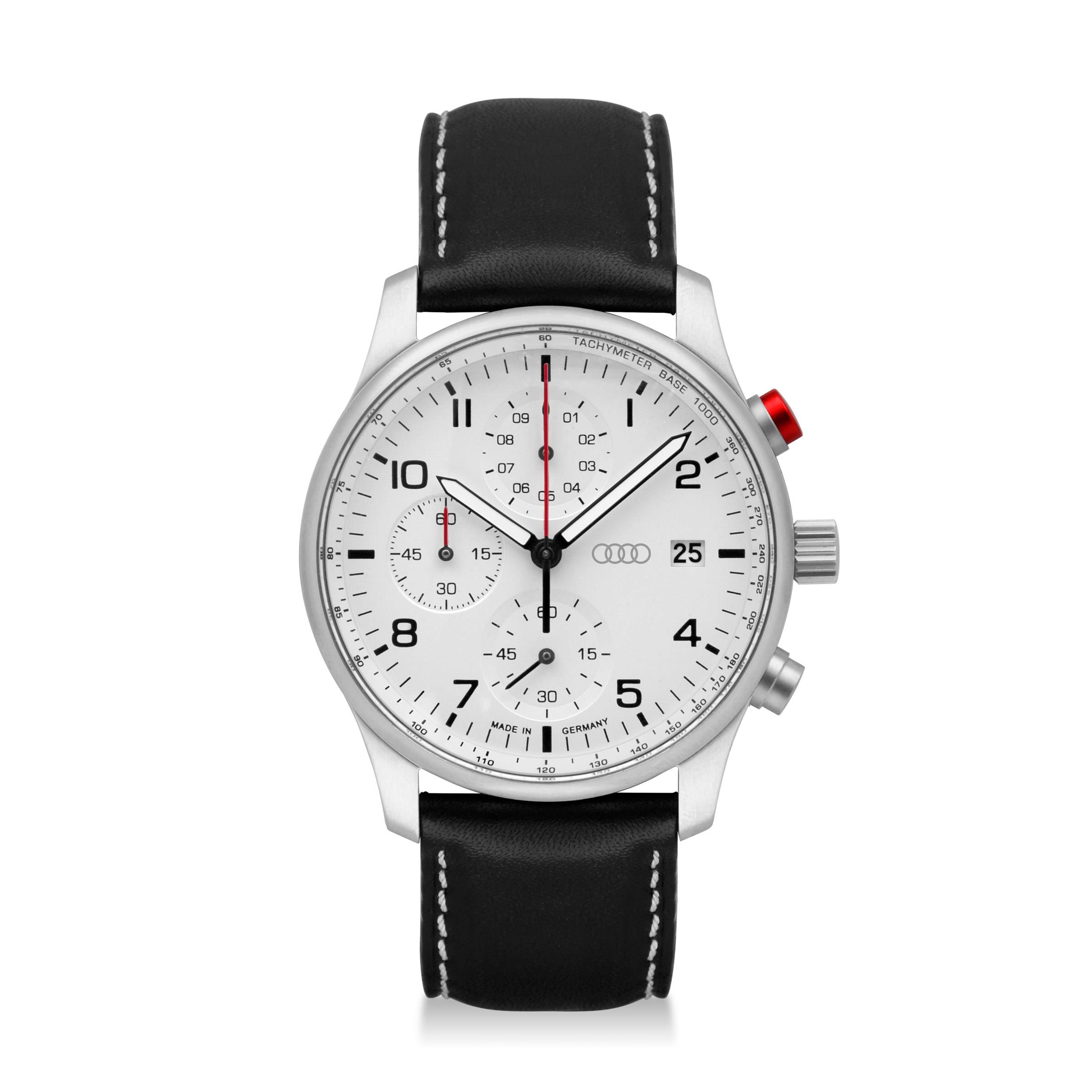 Original Audi Chronograph Uhr Armbanduhr Ringe Logo Herren silber/weiß  3102200100