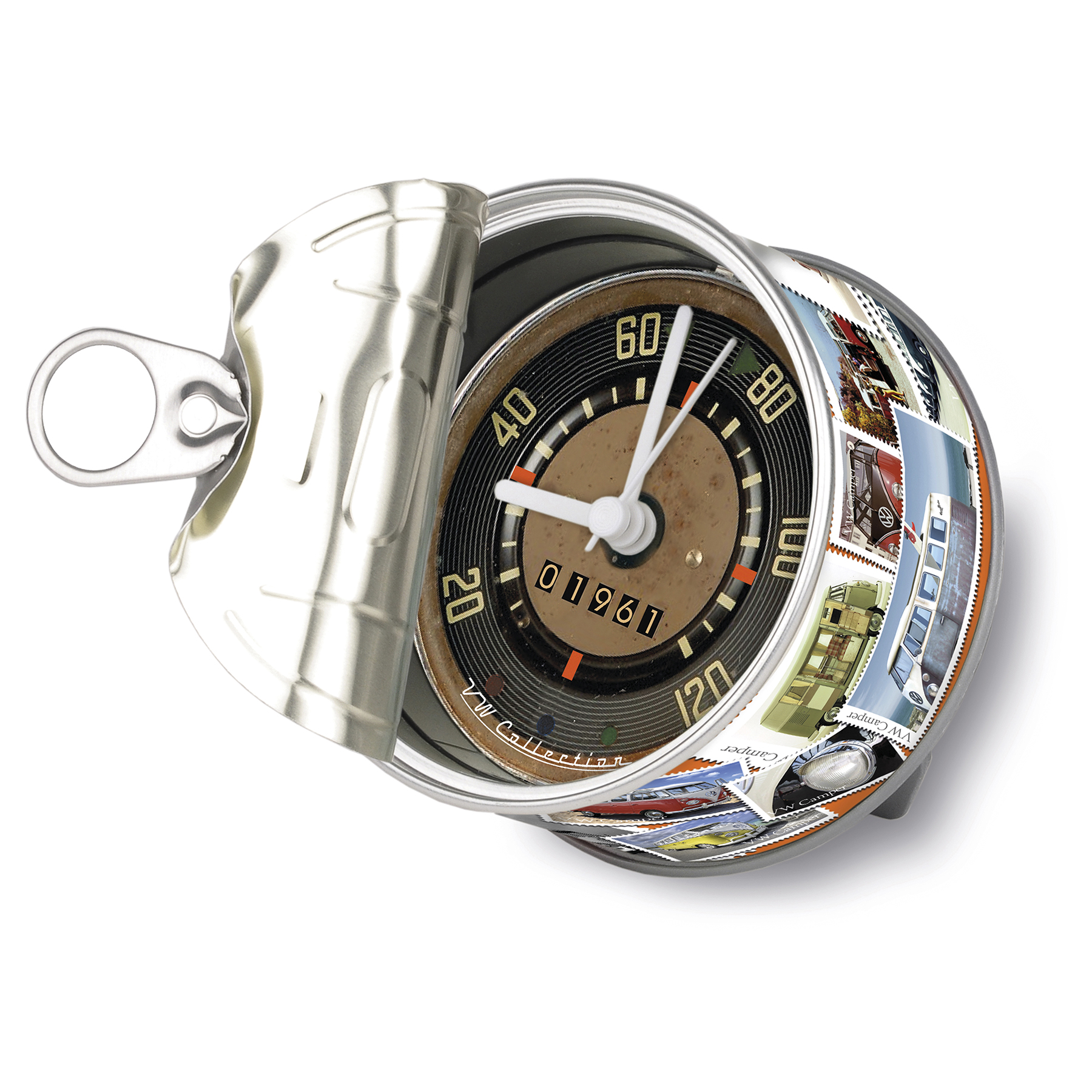 VW T1 MyClock Uhr Konservenformat Stamps Bulli Magnet Quarzuhrwerk BUMC02