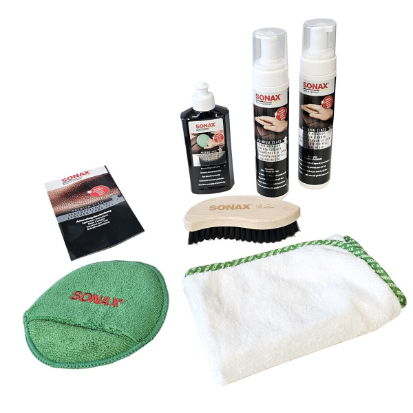 SONAX Premium Class Lederpflege Lederreiniger Lederbürste Microfasertuch Lederpflegecreme 02819410