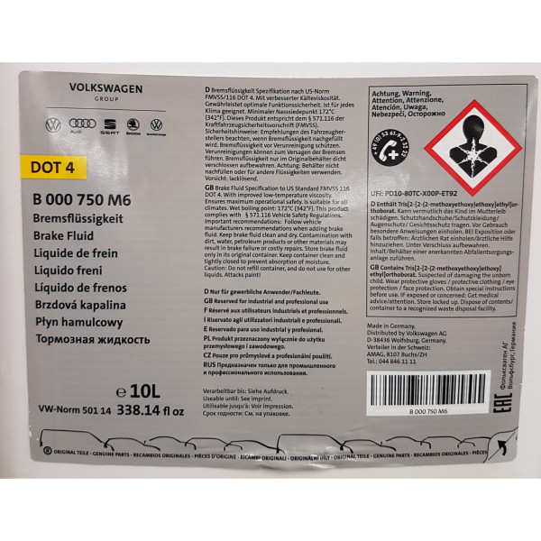 Original VW Audi Seat Skoda Bremsflüssigkeit DOT4 Norm 50114 Kanister 10 Liter B000750M6