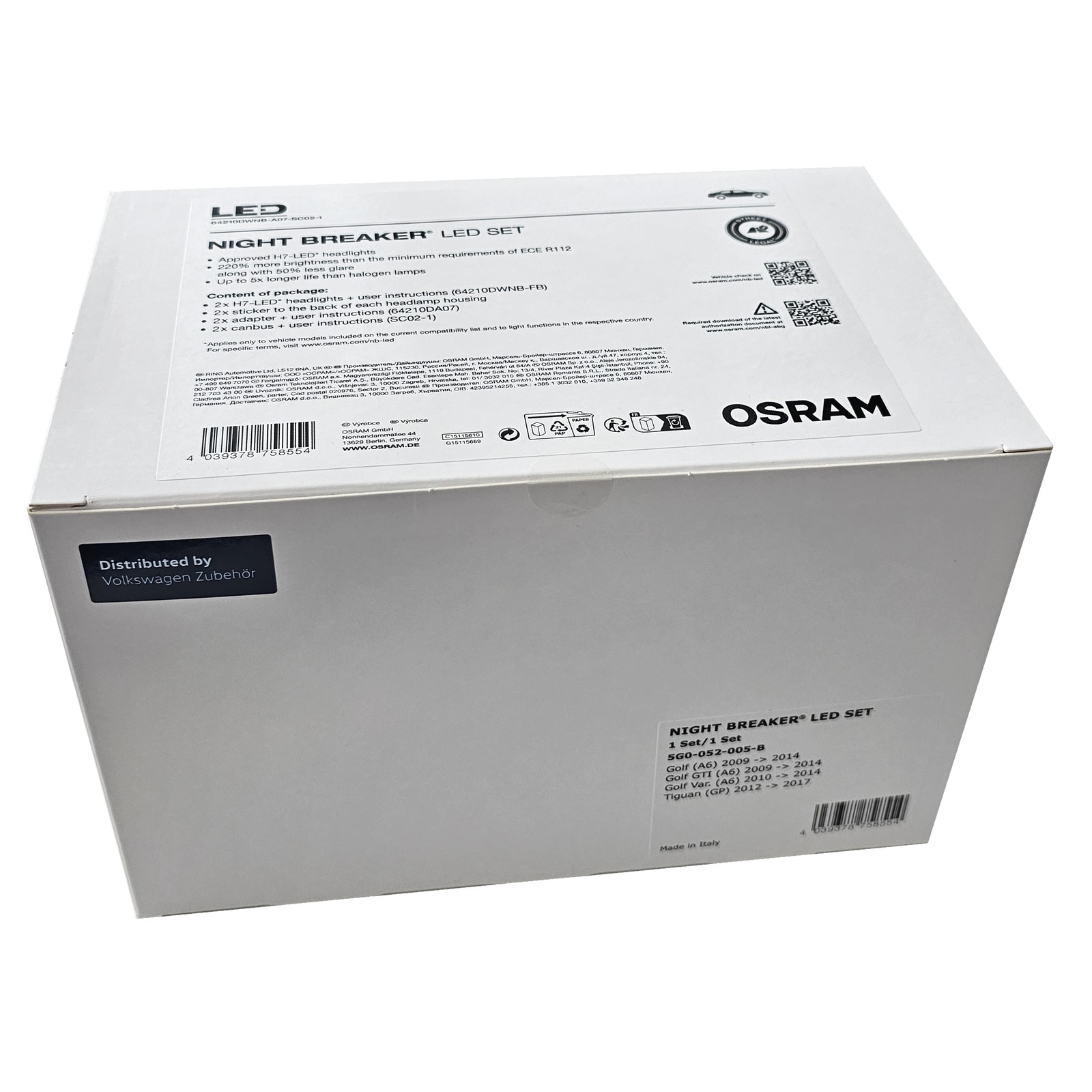 OSRAM NIGHT BREAKER H7 LED 220% Set für VW Golf 7 5G mit Adapter